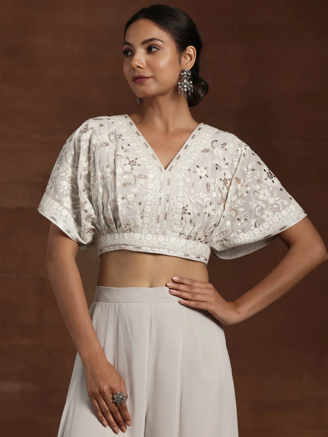  Libas Art Grey Embroidered Georgette 3 Piece Co-Ords 
