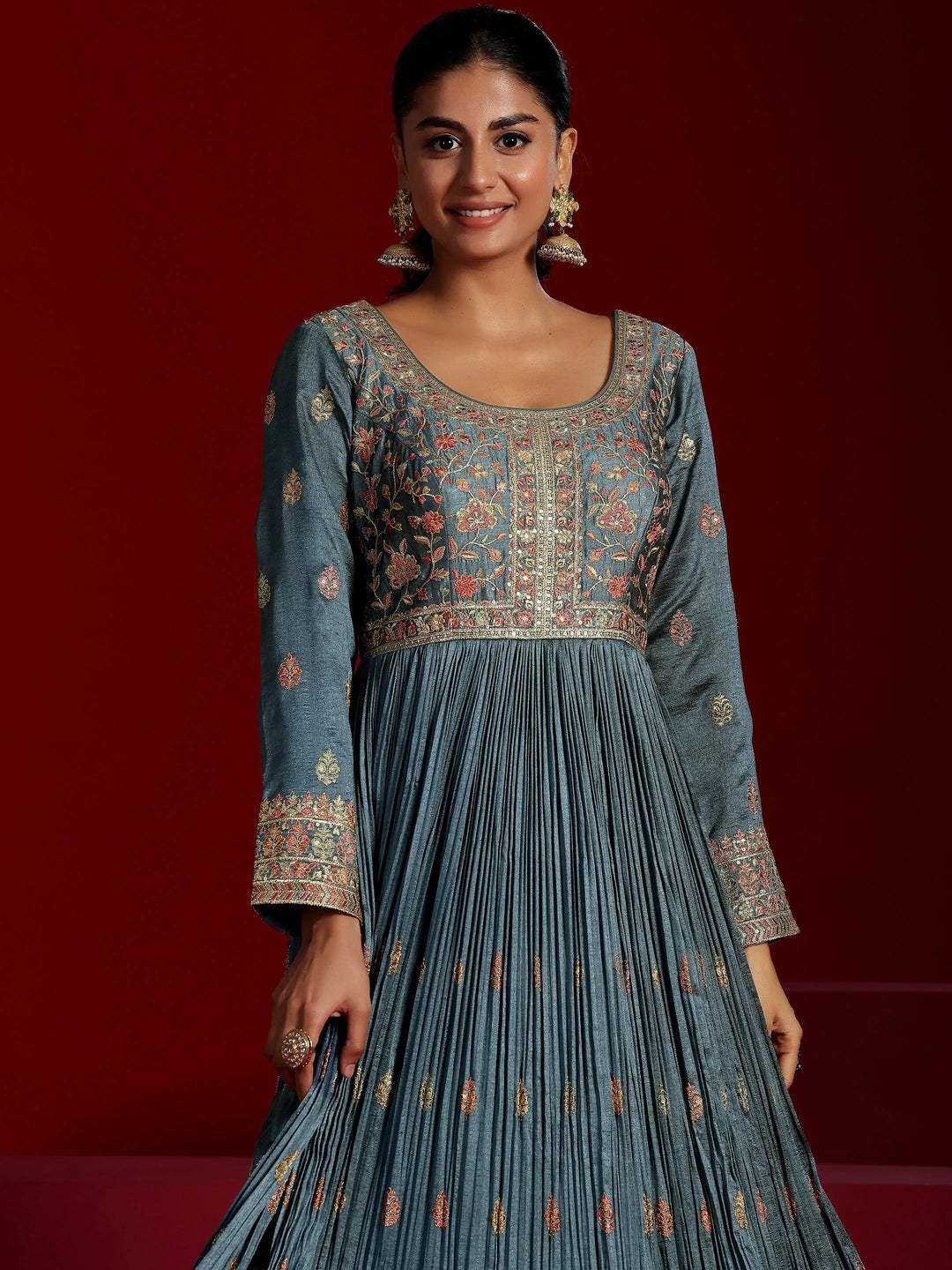  Libas Art Blue Embroidered Silk Blend A-Line Kurta With Trousers & Dupatta 