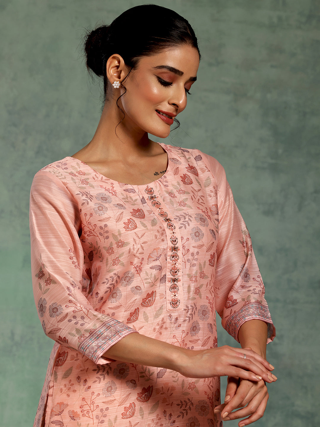  Peach Printed Chanderi Silk Straight Suit Set With Dupatta 
