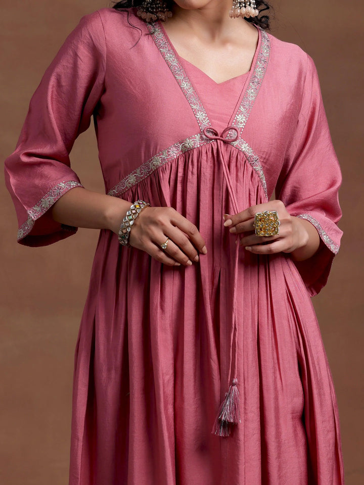 Peach Solid Silk Blend A-Line Kurta With Trousers - Libas