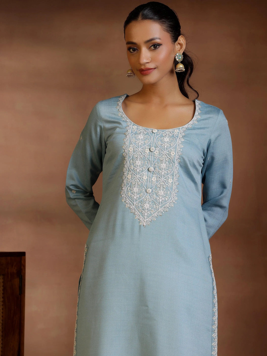  Blue Yoke Design Silk Blend Straight Suit With Dupatta 