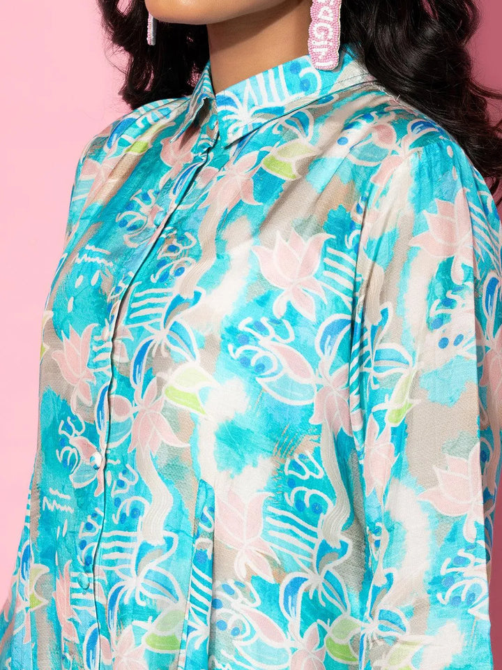 Blue Printed Silk Blend Co-Ords - Libas