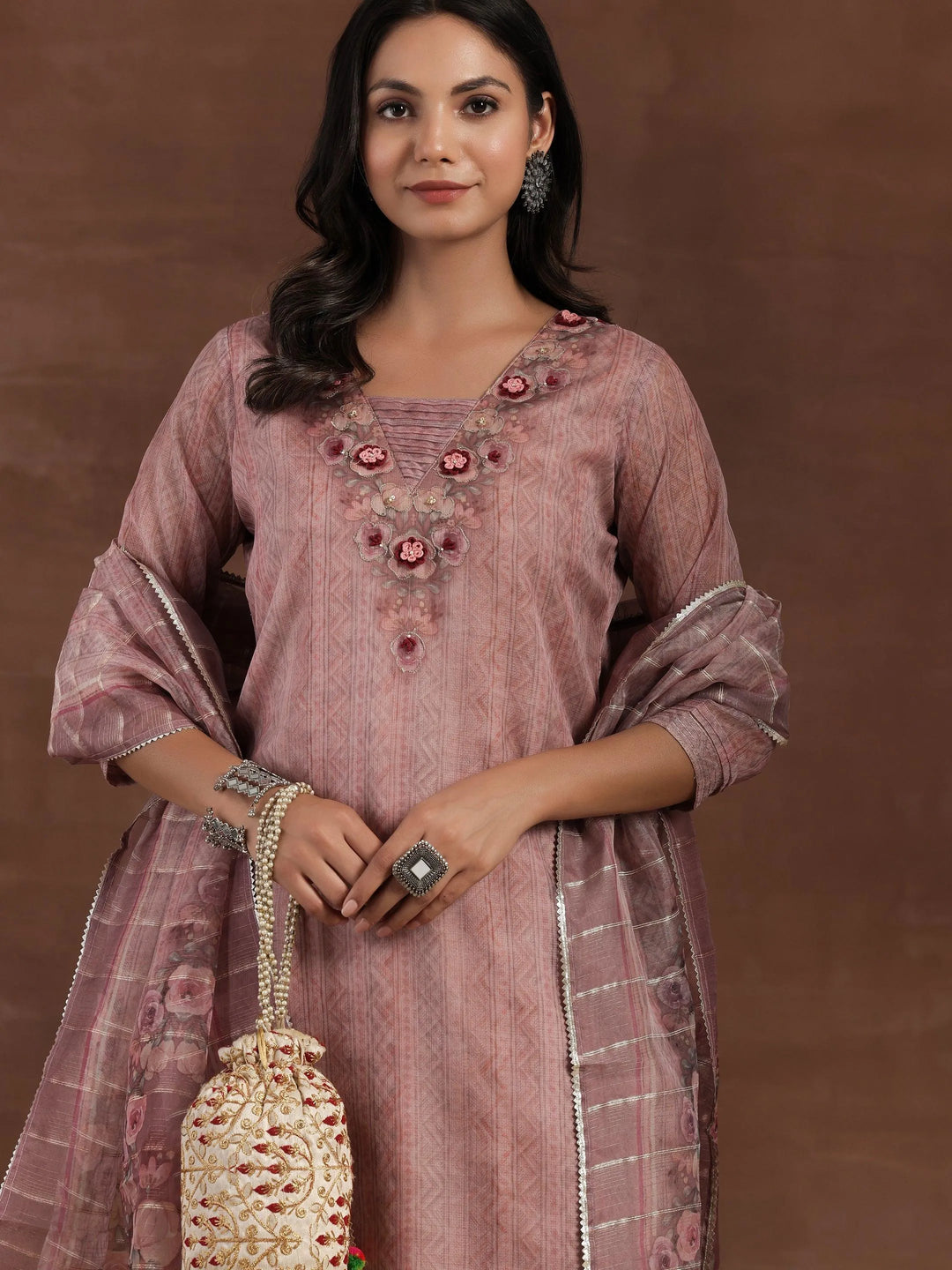 Pink Printed Organza Straight Suit With Dupatta - Libas 