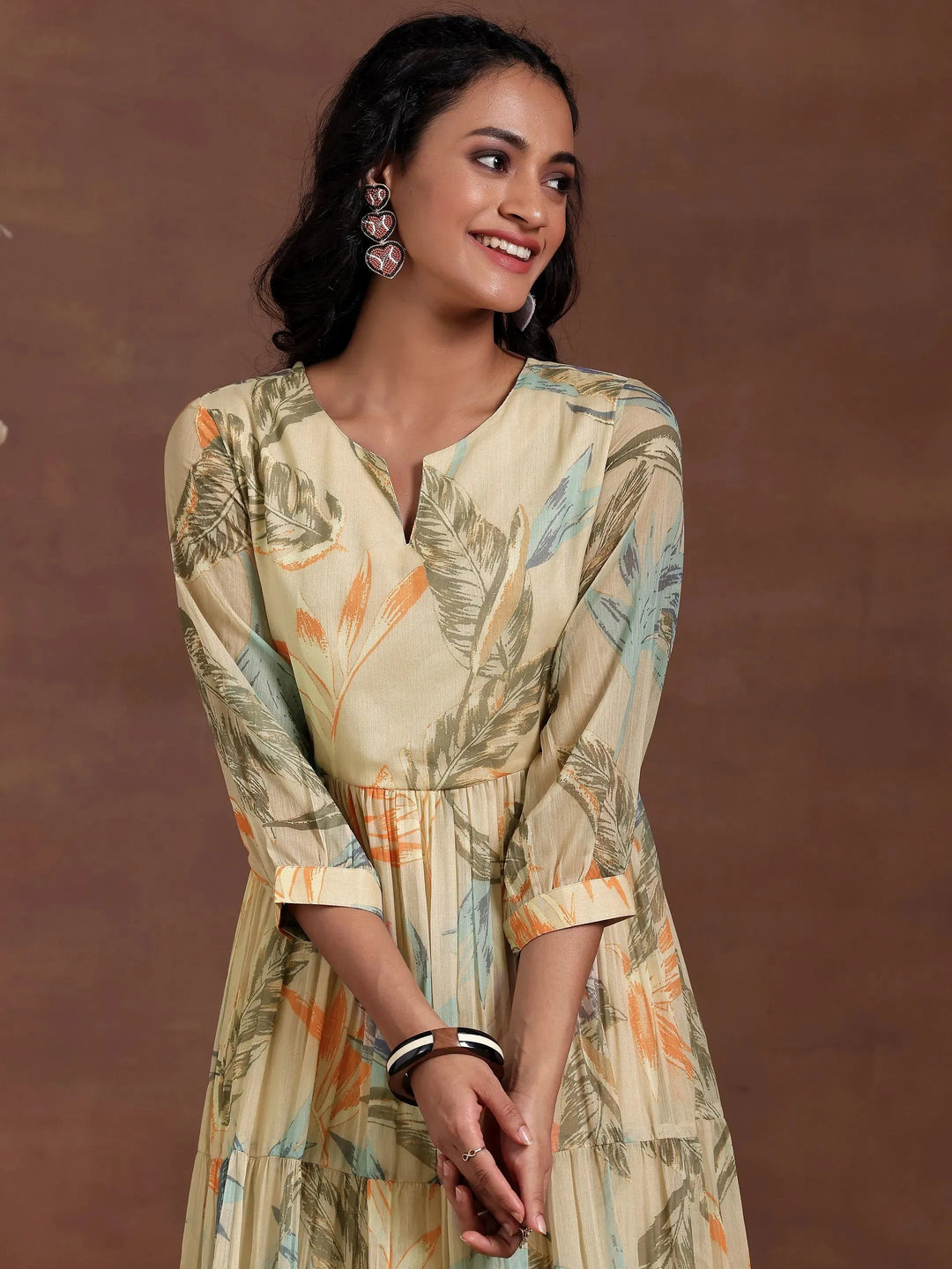  Beige Printed Chiffon Fit and Flare Dress 