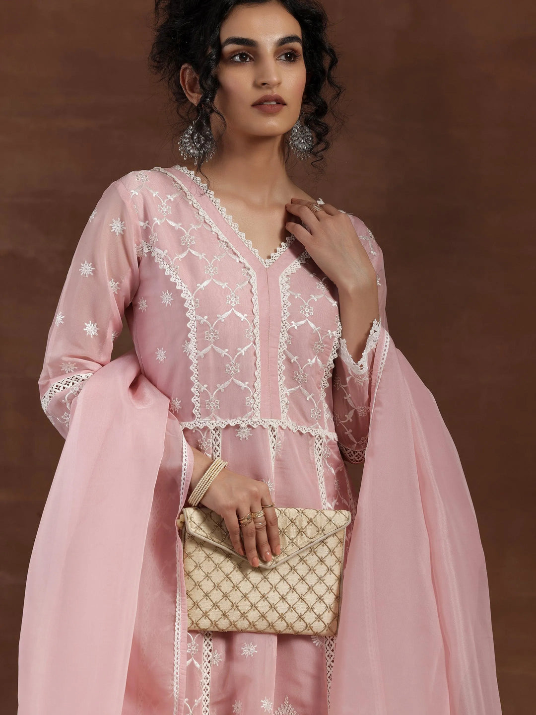 Pink Embroidered Organza A-Line Kurta With Palazzos & Dupatta - Libas 