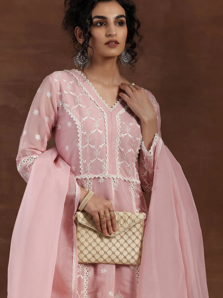 Pink Embroidered Organza A-Line Kurta With Palazzos & Dupatta - Libas