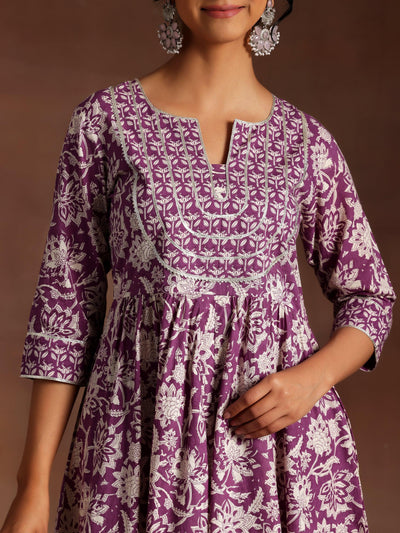 Purple Printed Cotton Anarkali Suit With Dupatta - Libas
