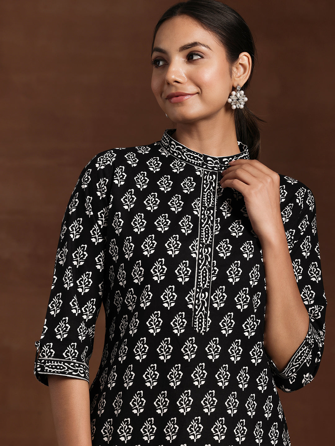  Black Printed Cotton Straight Short Kurti 