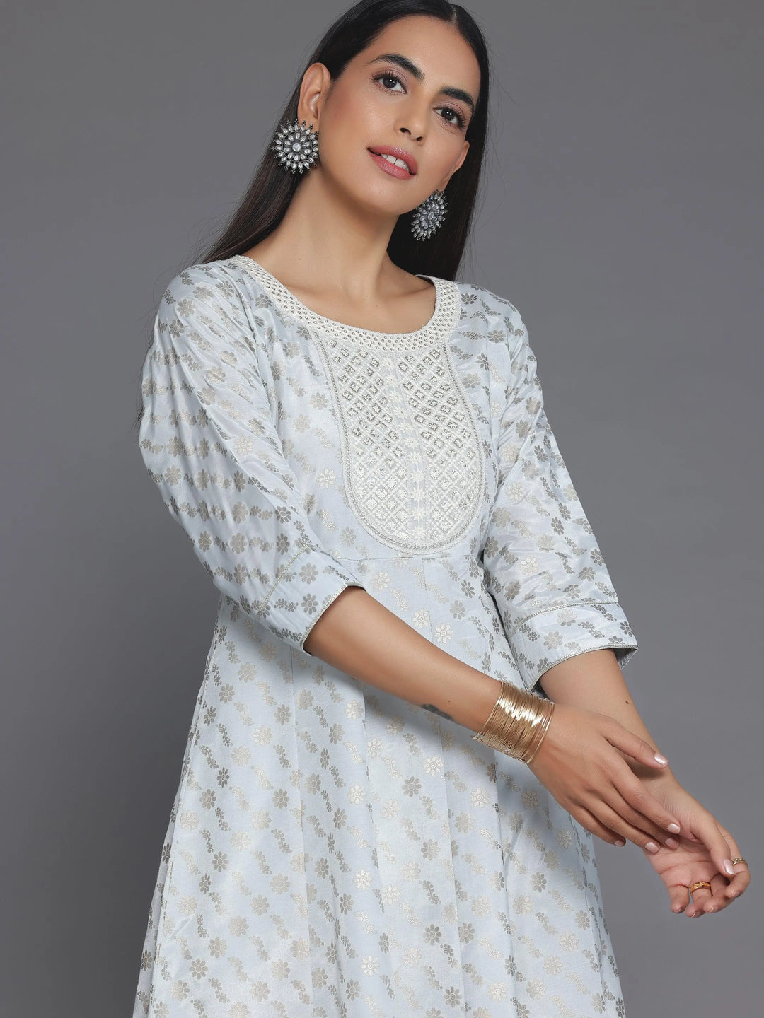 Grey Printed Silk Blend A-Line Kurta With Trousers - Libas 
