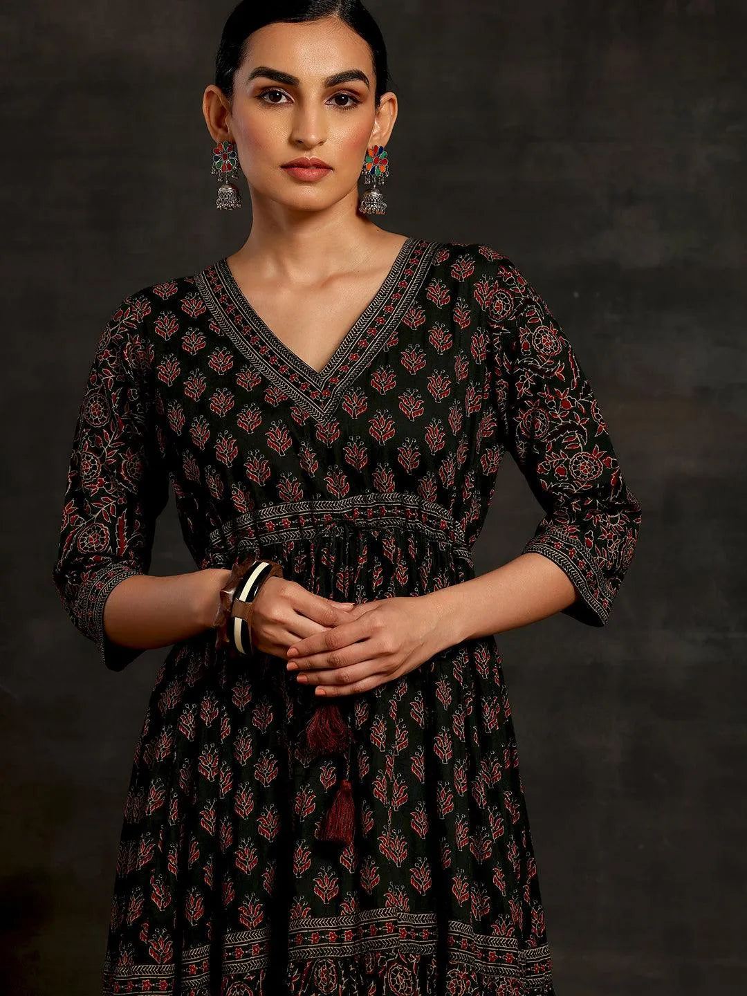 Green Printed Cotton A-Line Dress - Libas 