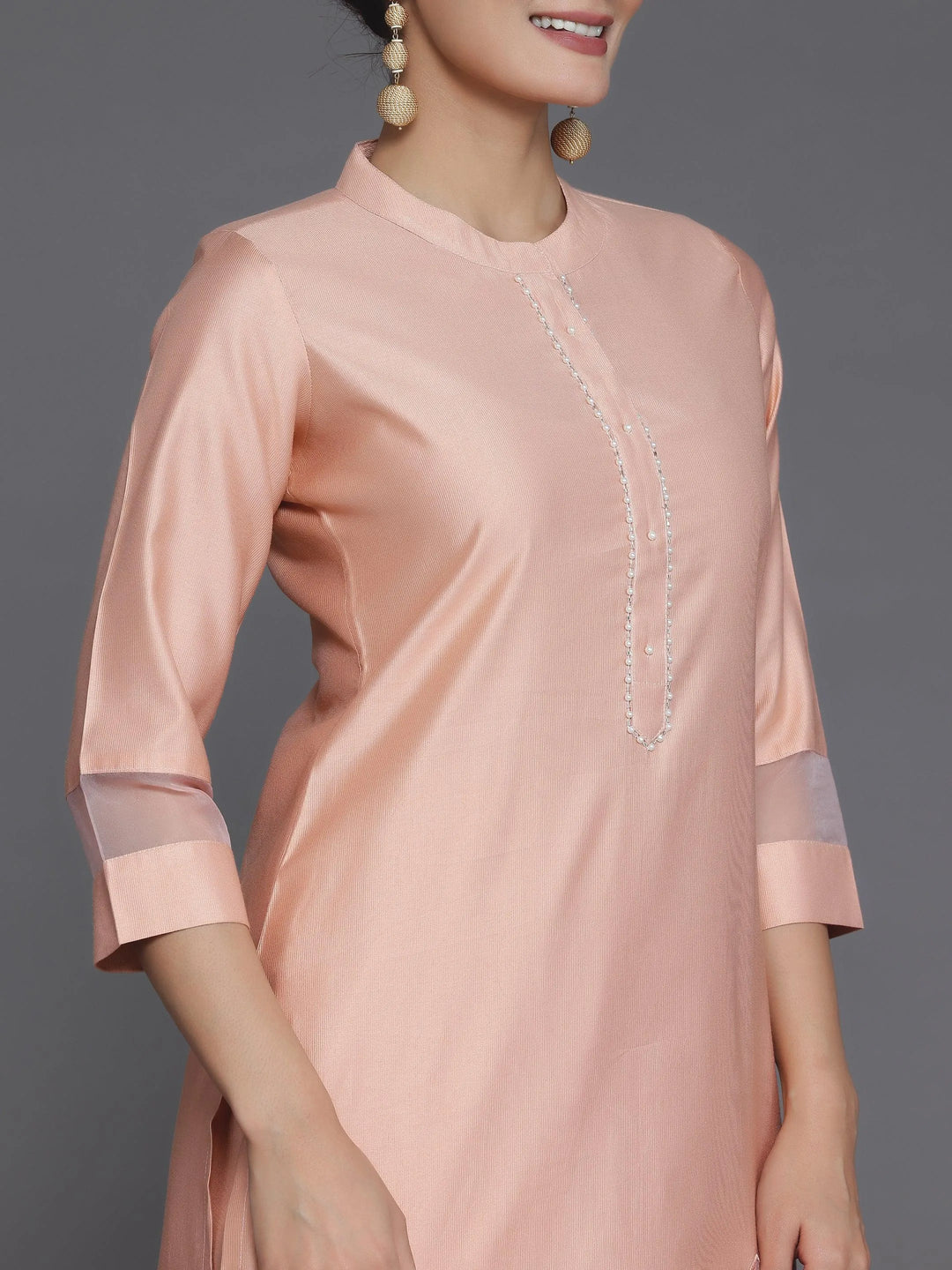Peach Solid Silk Blend Straight Suit With Dupatta - Libas 