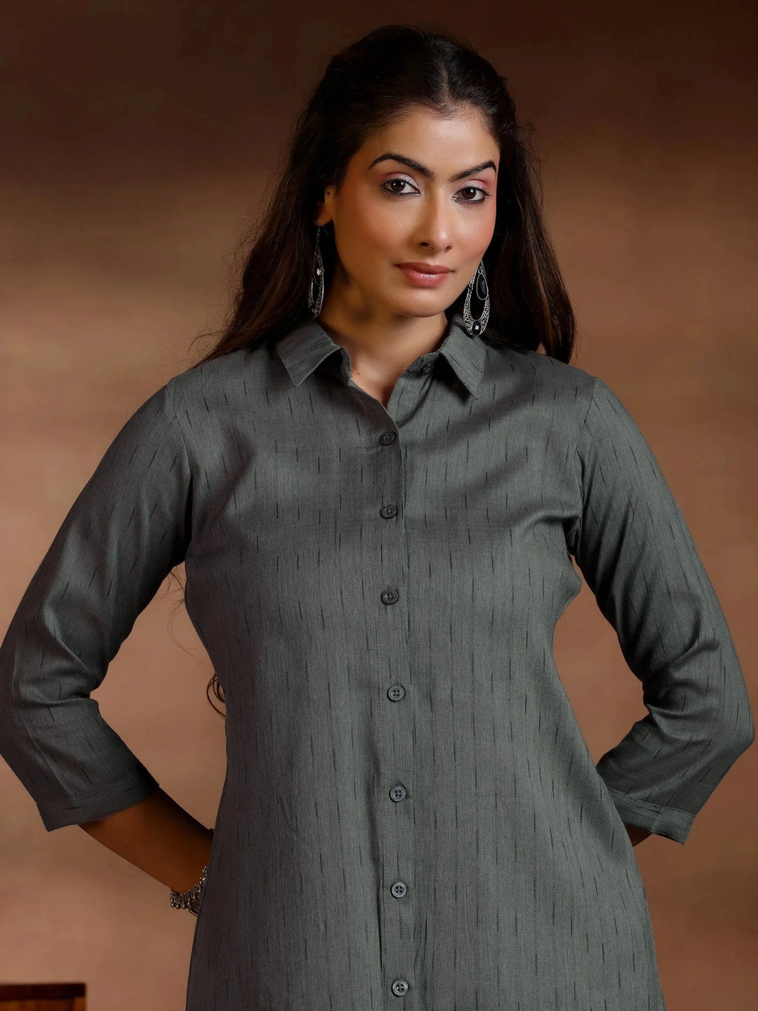  Grey Woven Design Cotton Blend Straight Kurti 