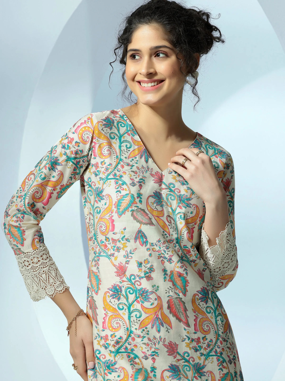  Off White Printed Silk Blend Co-Ords 