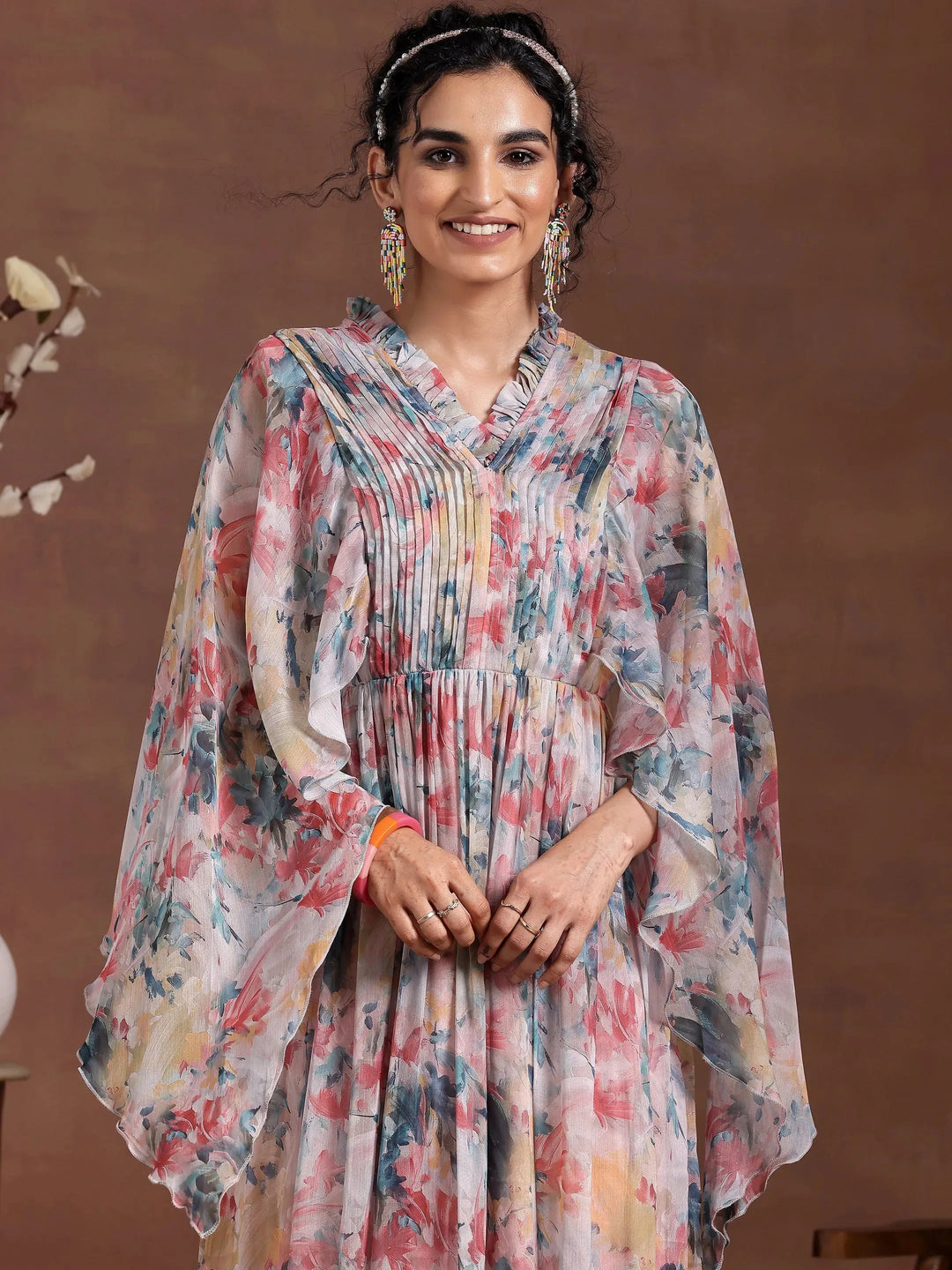  Multicoloured Printed Chiffon A-Line Dress 
