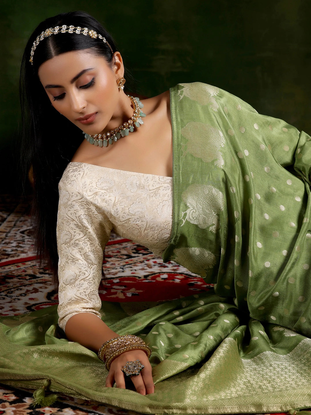 Green Woven Design Silk Blend Saree With Unstitched Blouse Piece 