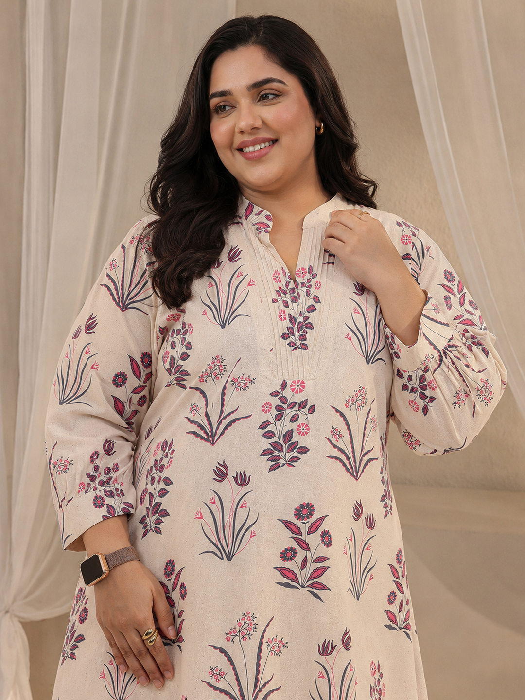  Plus Size Off White Floral Printed Cotton A-Line Kurta 