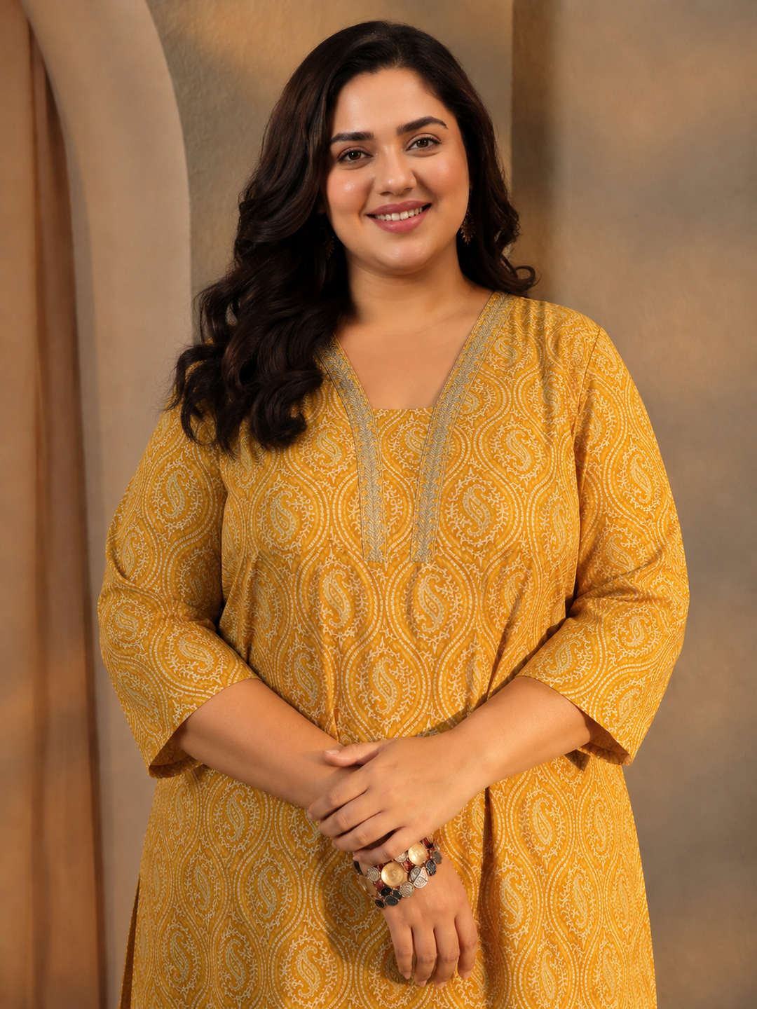  Plus Size Yellow Paisley Printed Cotton Straight Suit Set 