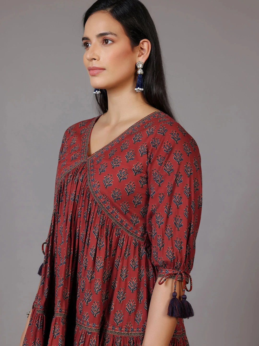  Rust Printed Cotton A-Line Kurti 