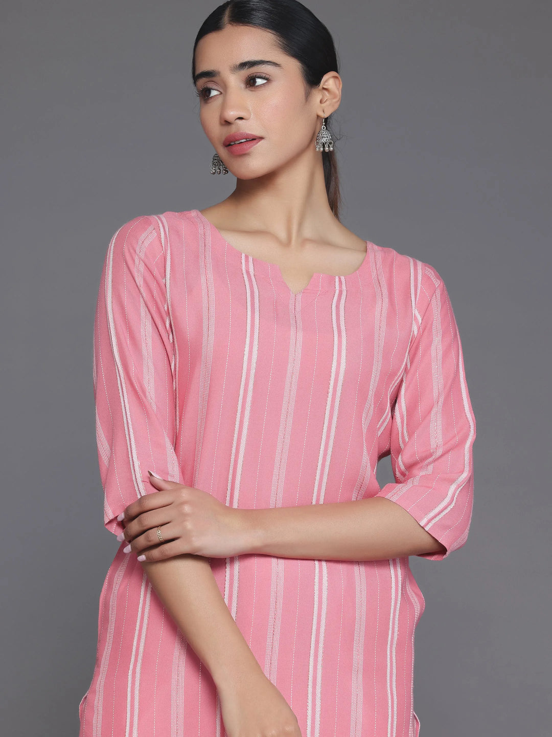 Pink Woven Design Rayon Straight Kurta 