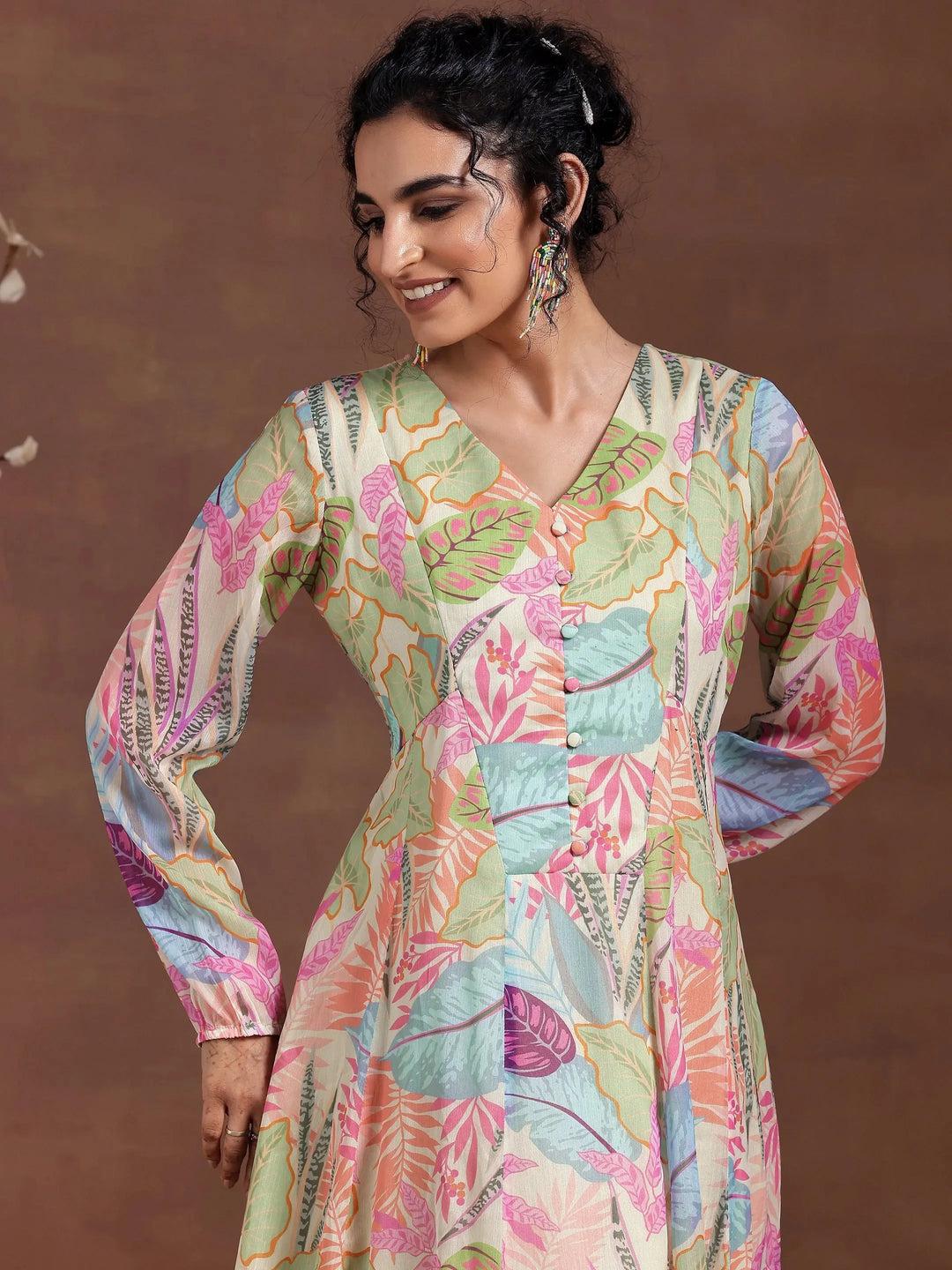  Green Printed Chiffon A-Line Dress 