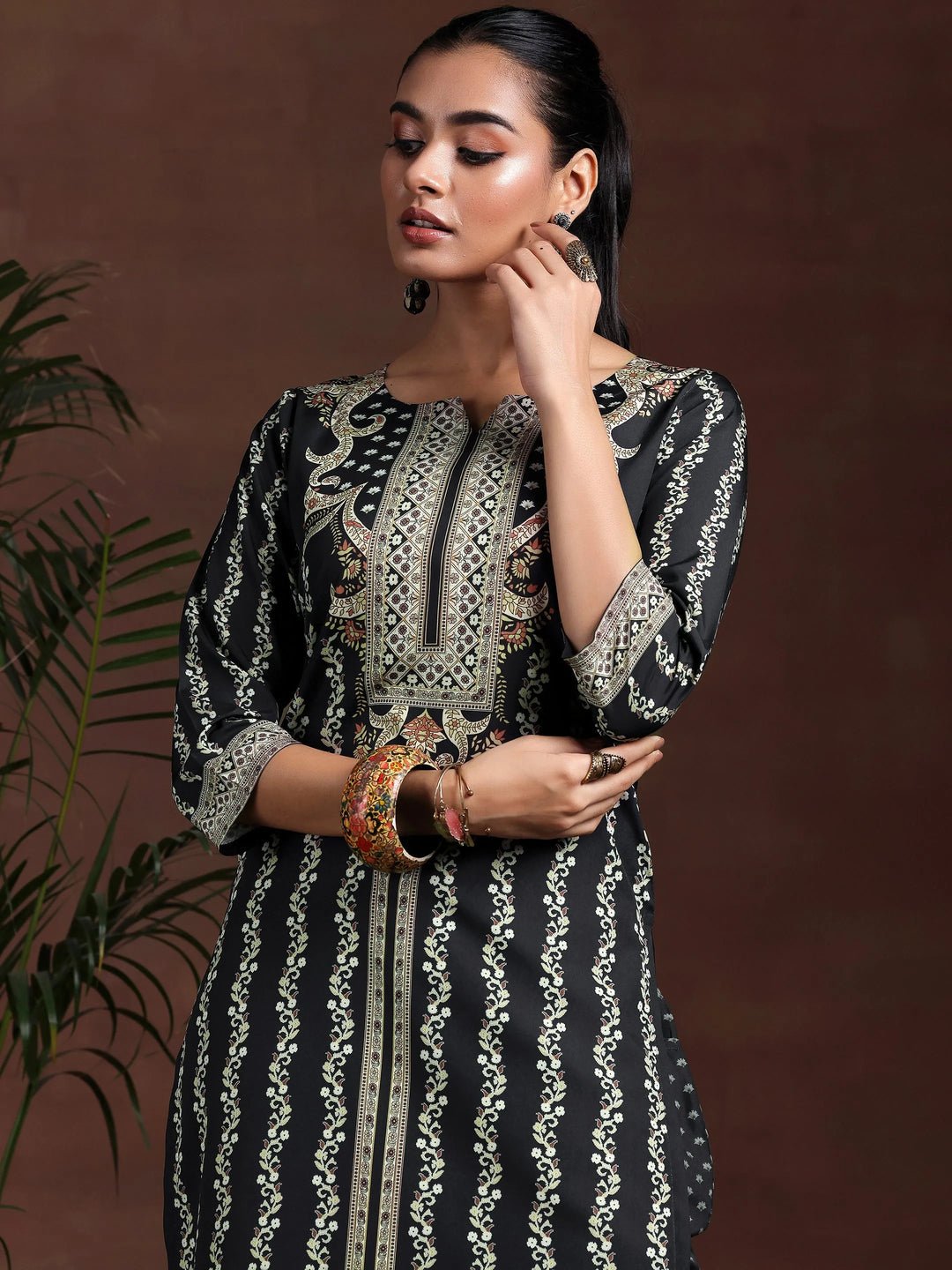  Black Printed Poly Crepe Straight Suit With Dupatta 