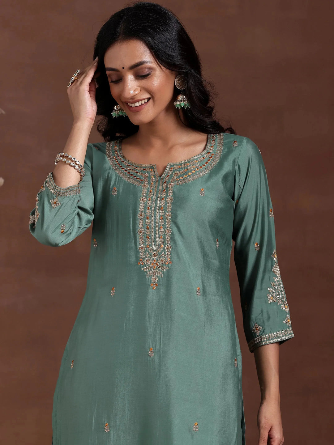  Green Embroidered Silk Blend Straight Suit With Dupatta 