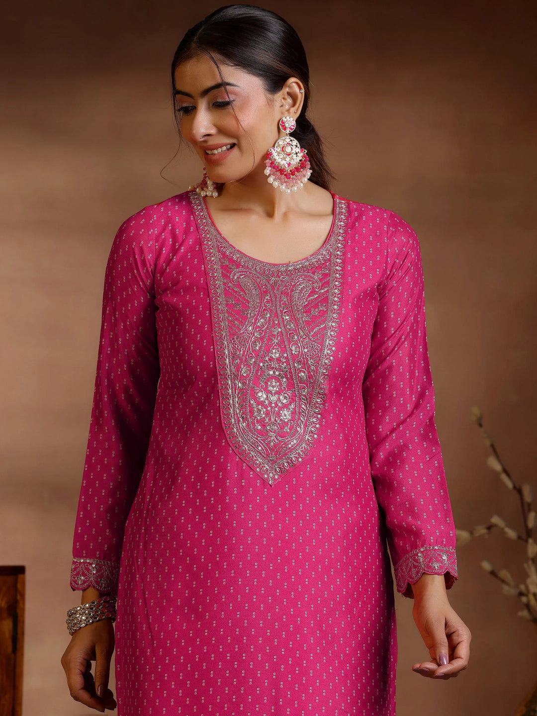  Pink Printed Silk Blend Straight Suit With Dupatta 