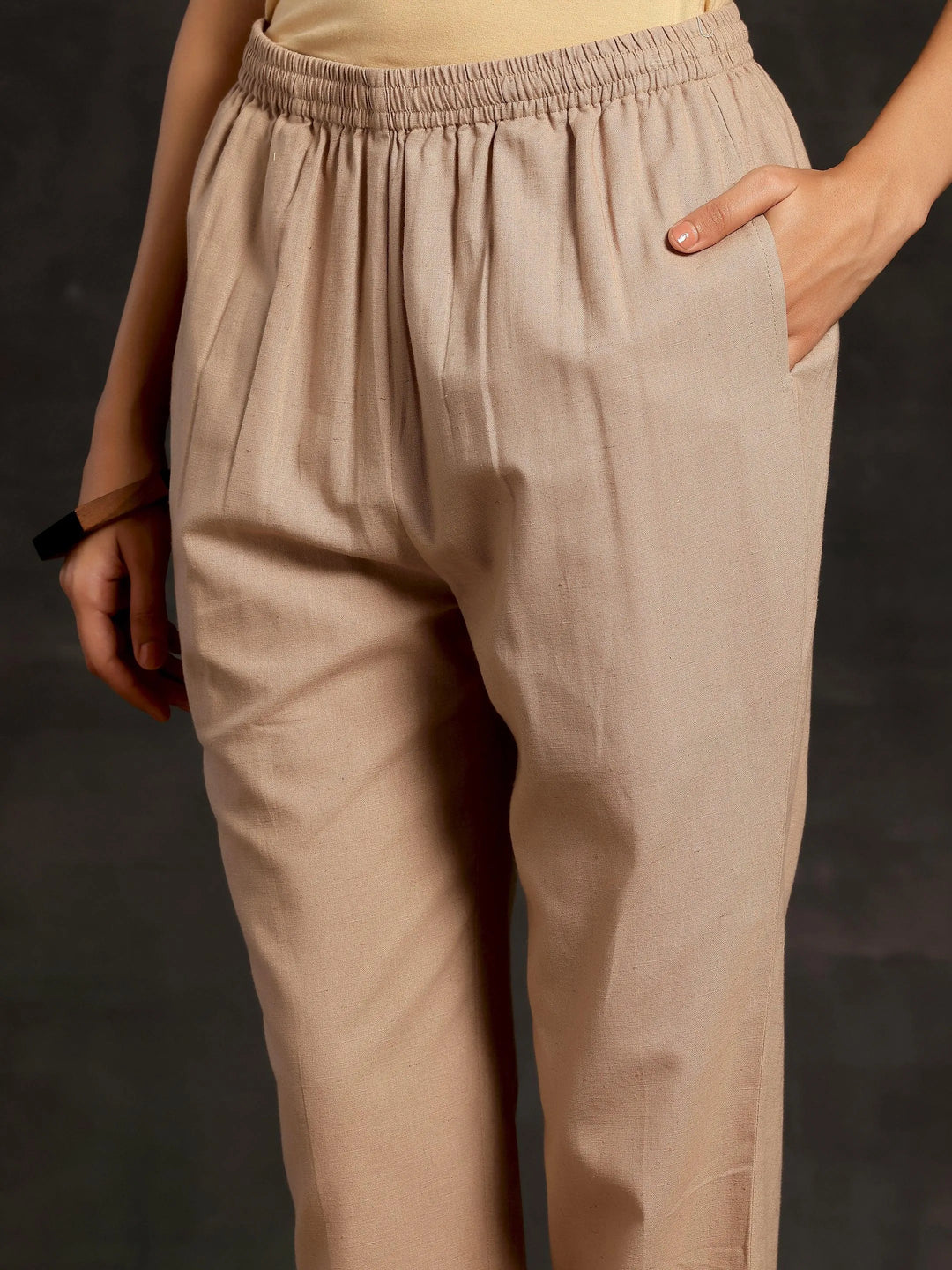 Beige Solid Cotton Straight Fit Trousers - Libas 