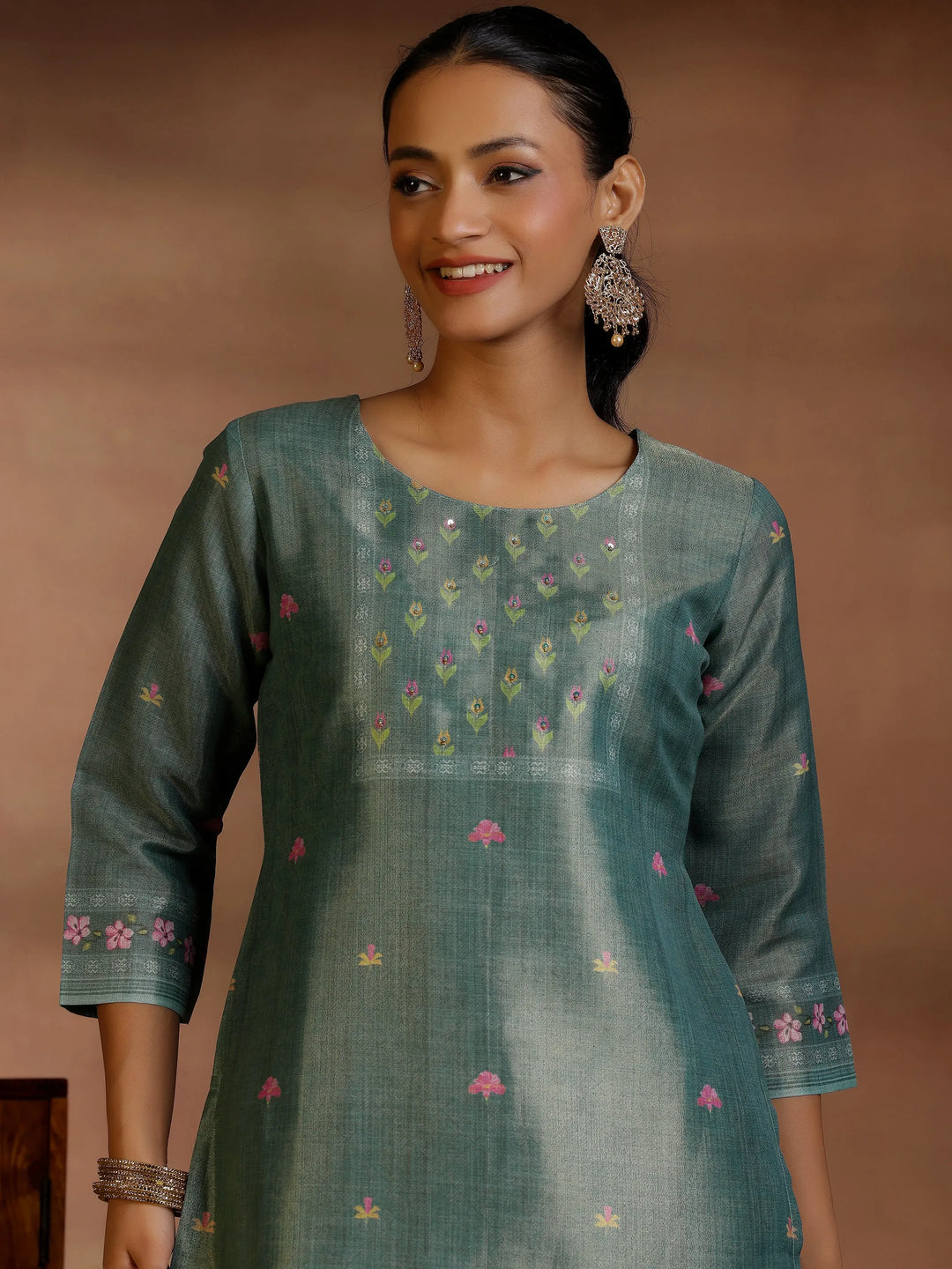  Green Printed Silk Blend Straight Suit With Dupatta 