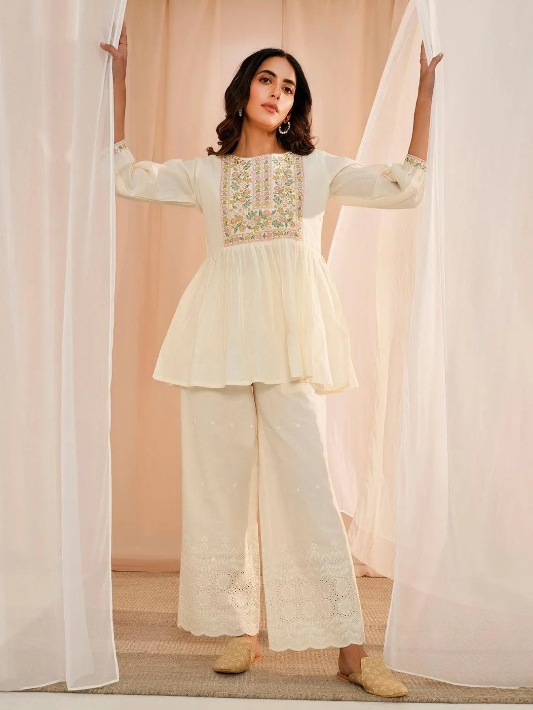 Off White Yoke Design Cotton A-Line Kurti - Libas 