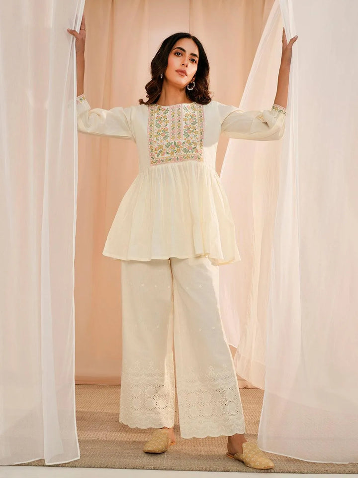 Off White Yoke Design Cotton A-Line Kurti - Libas