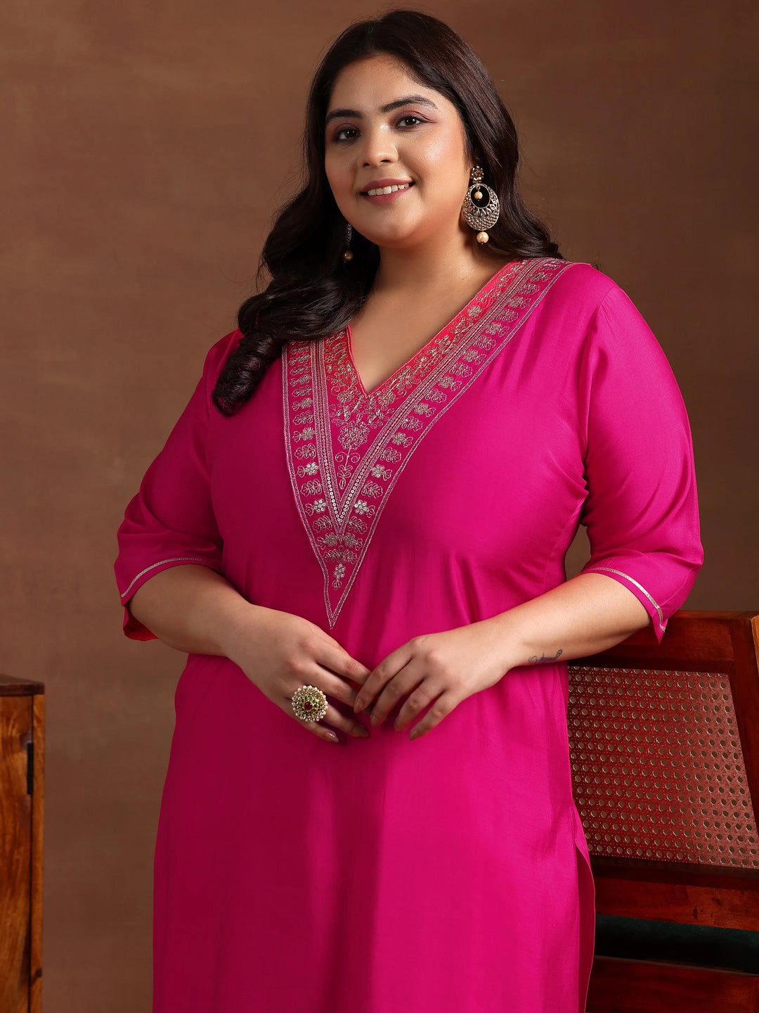 Plus Size Pink Yoke Design Silk Blend Straight Kurta Set - Libas 