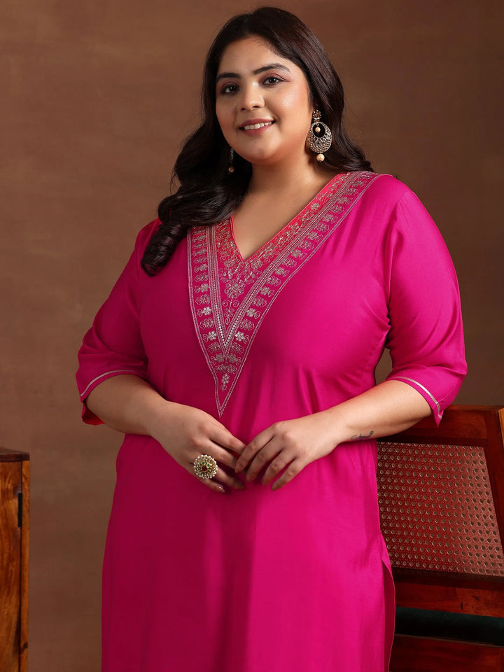 Plus Size Pink Yoke Design Silk Blend Straight Kurta Set - Libas