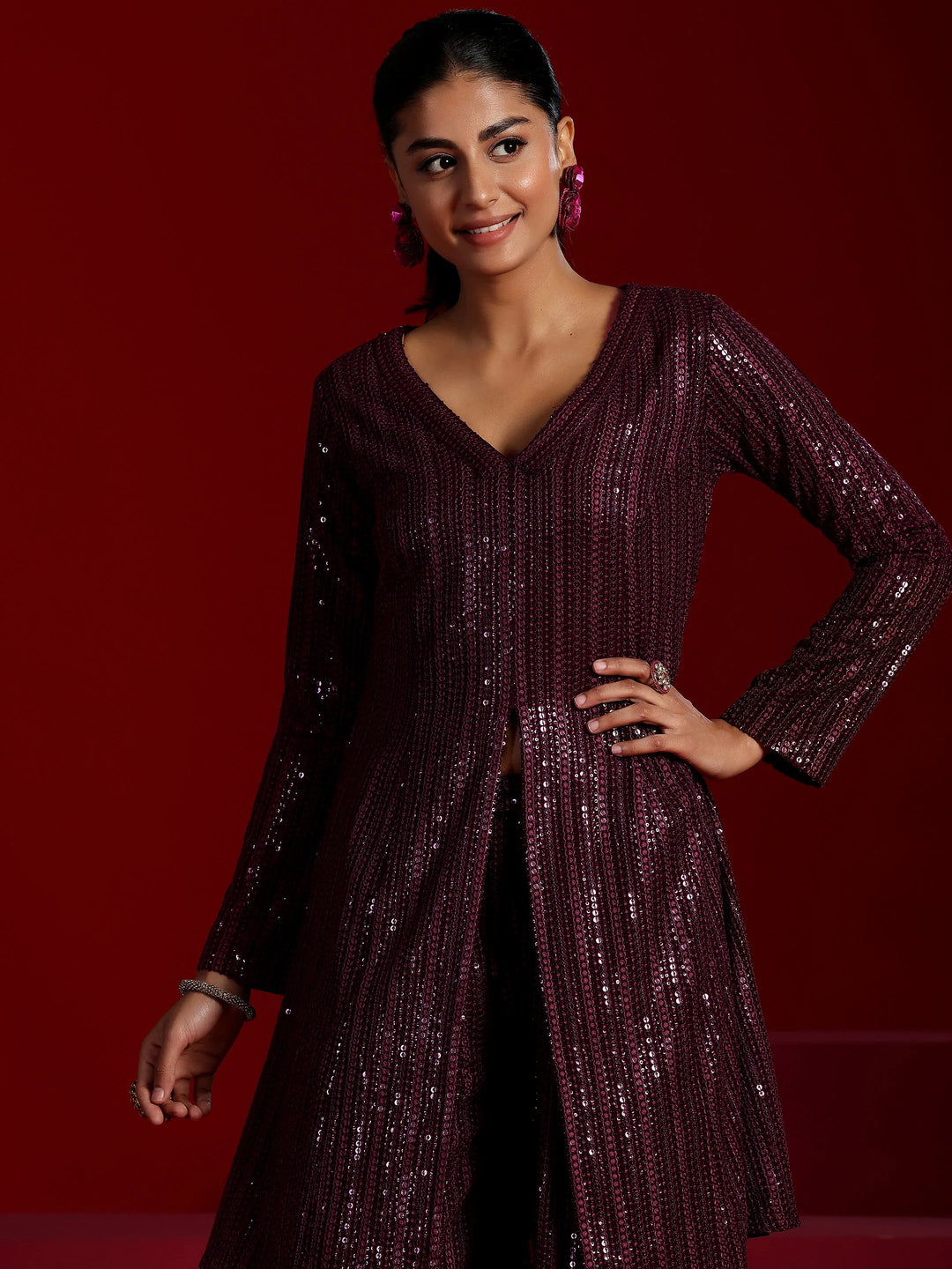  Libas Art Wine Embroidered Georgette A-Line Kurta With Palazzos & Dupatta 