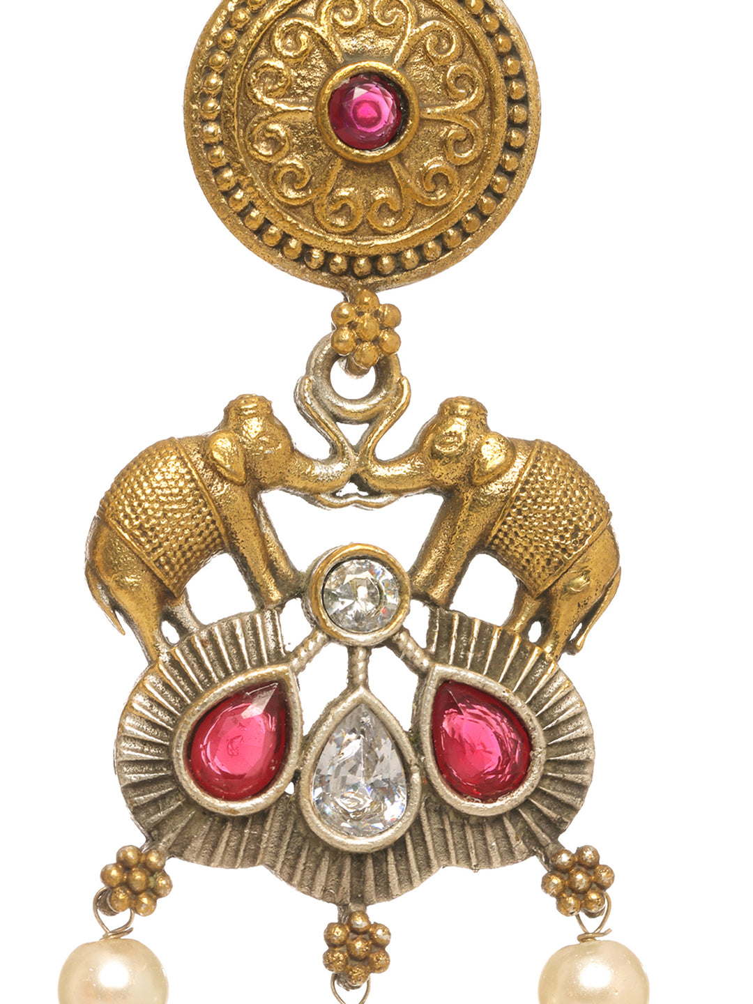  Libas Antique Gold Elephant Motif Pearl Drop Earrings 