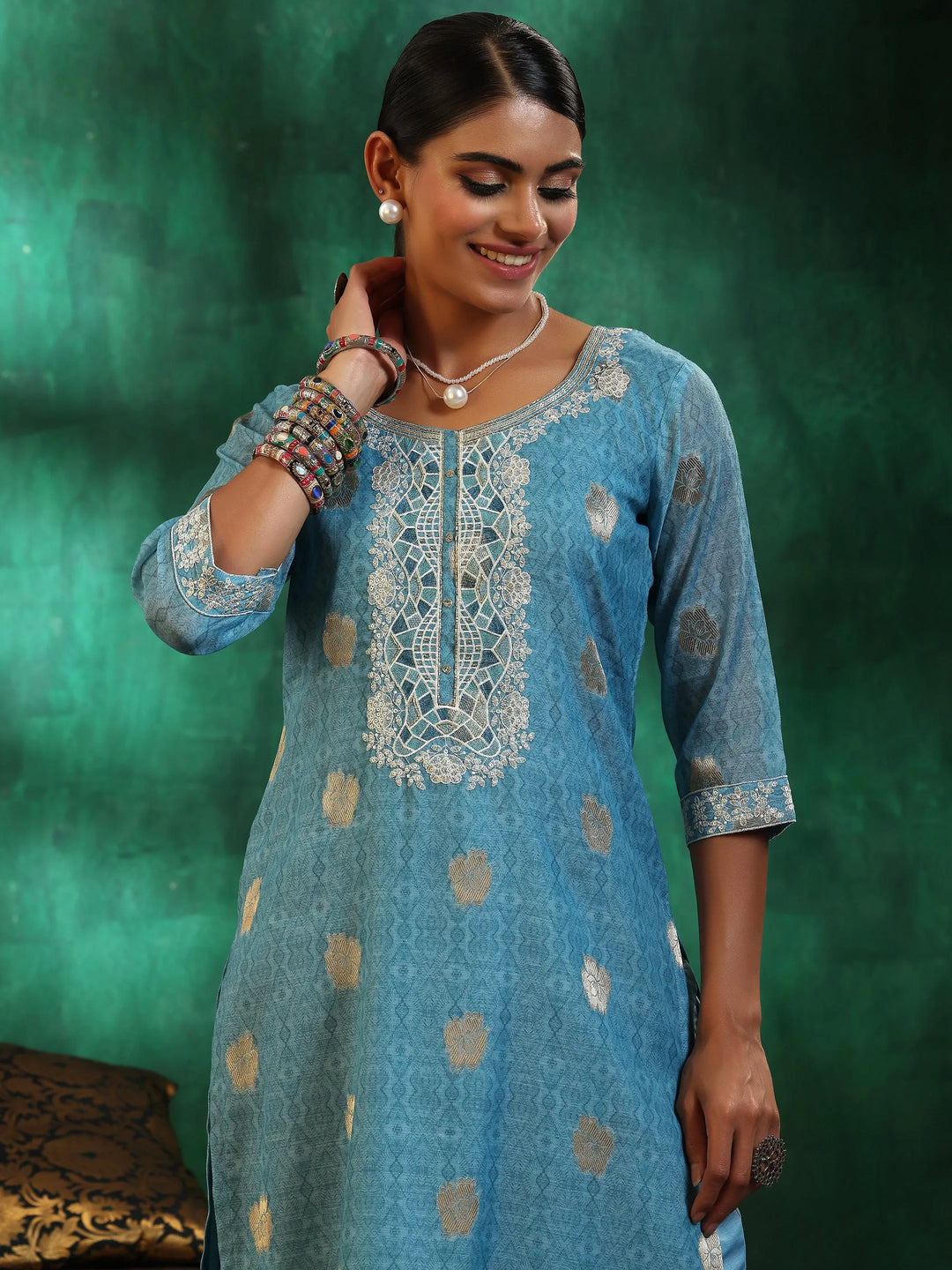  Turquoise Blue Printed Silk Blend Straight Suit With Dupatta 