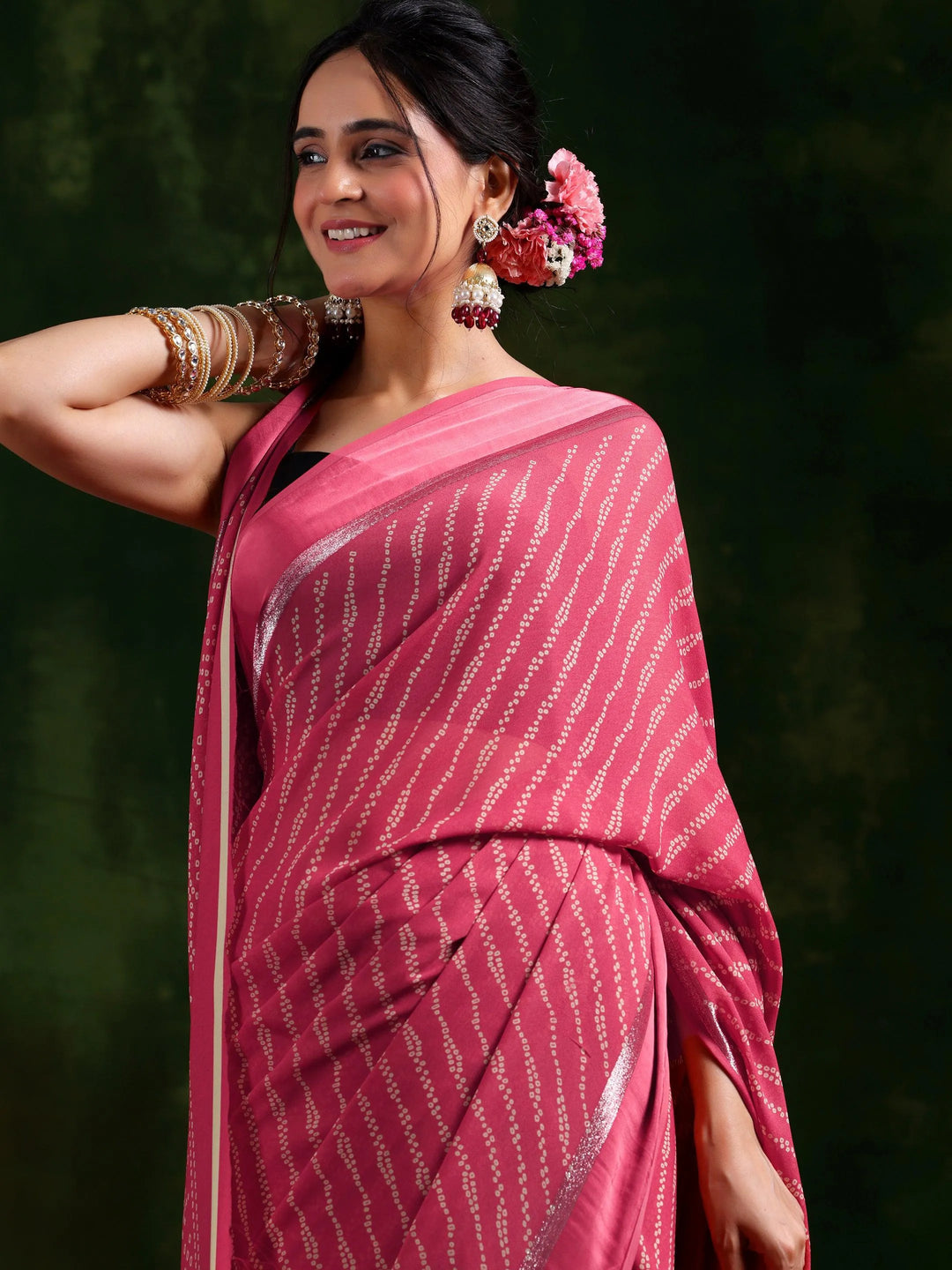 Coral Printed Satin Saree With Unstitched Blouse Piece - Libas 