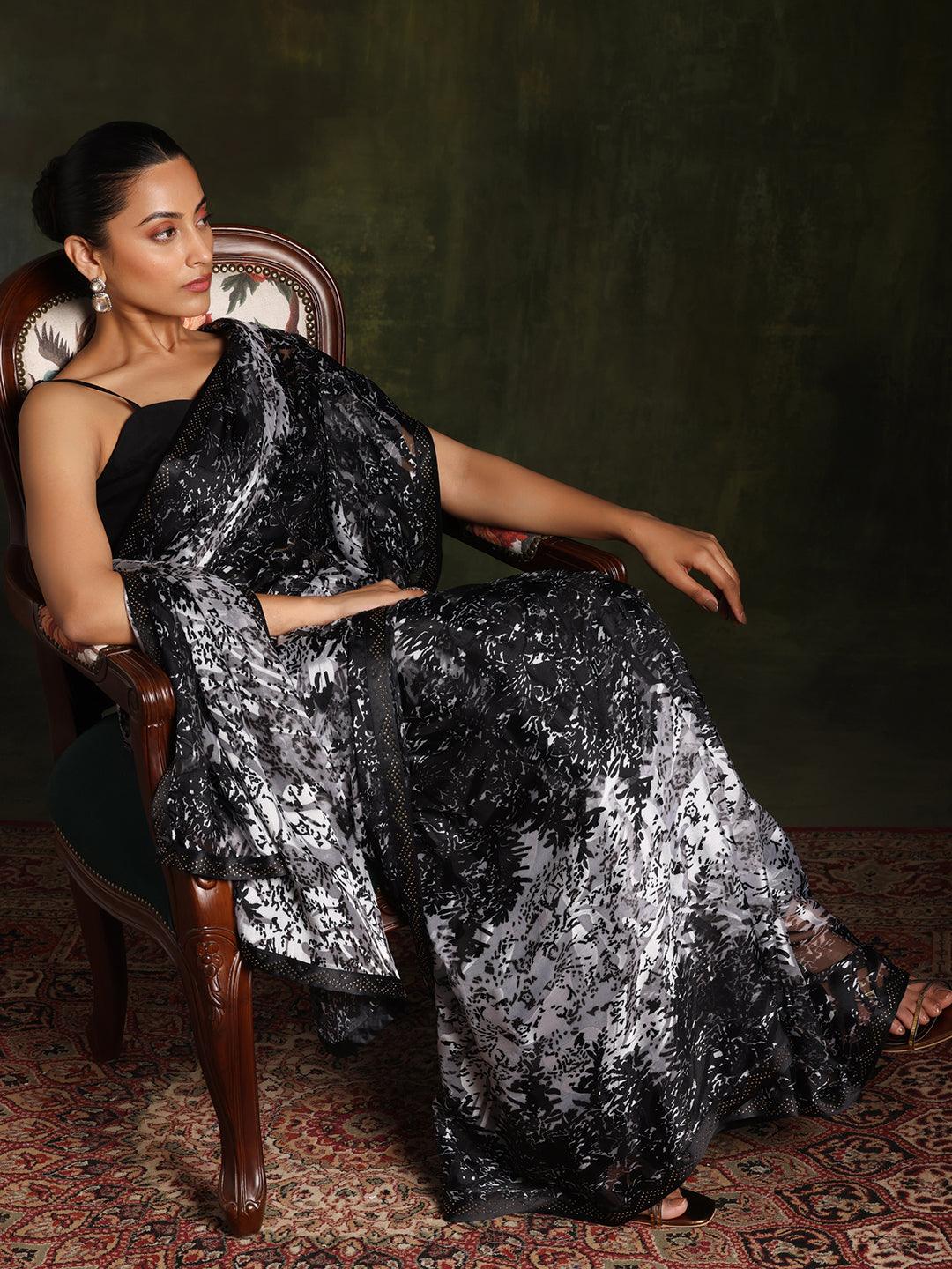 Black Printed Brasso Saree With Unstitched Blouse Piece