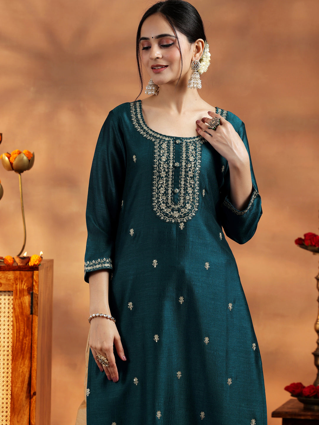 Libas Teal Embroidered Silk Straight Kurta 