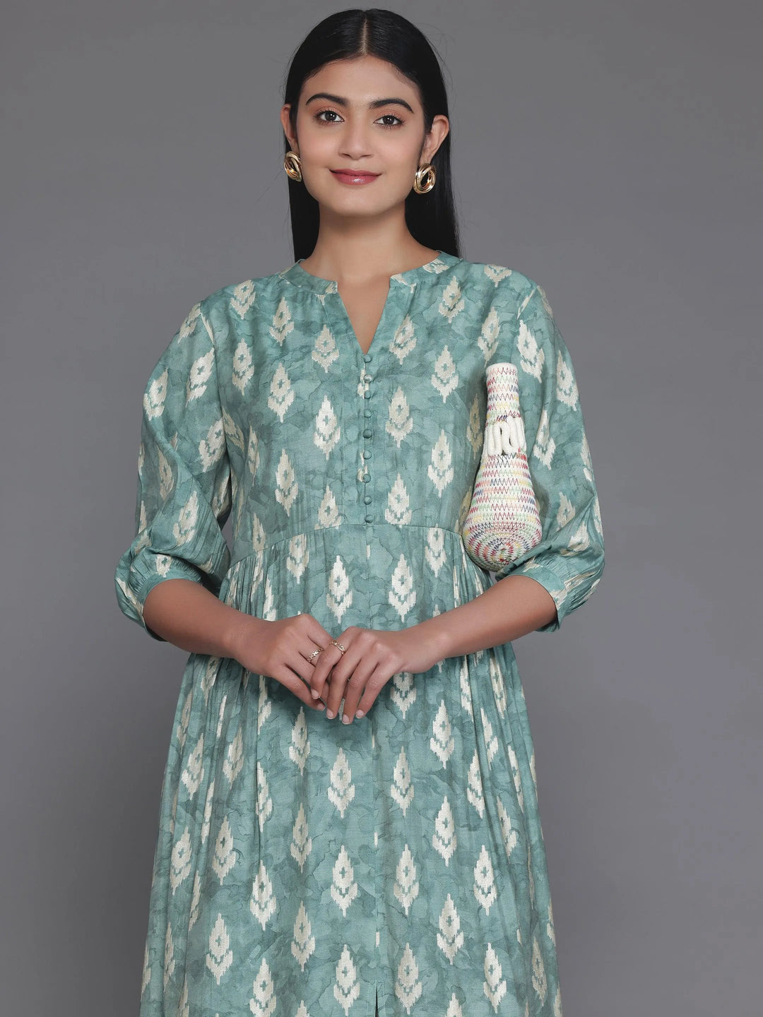 Green Printed Silk Fit and Flare Dress - Libas 