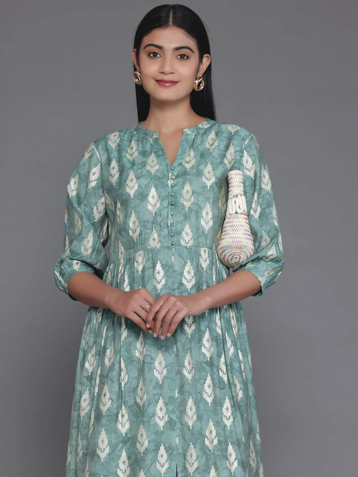 Green Printed Silk Fit and Flare Dress - Libas