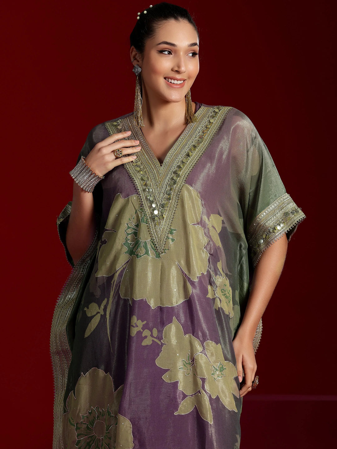  Libas Art Mauve Printed Silk Blend Co-Ords 