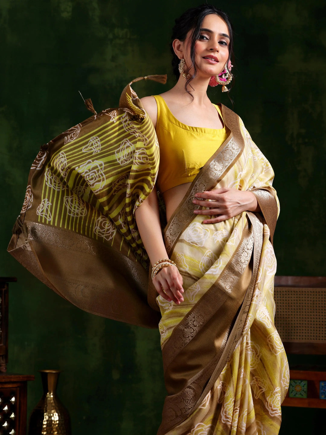 Khaki Brown Printed Silk Blend Saree With Unstitched Blouse Piece - Libas 
