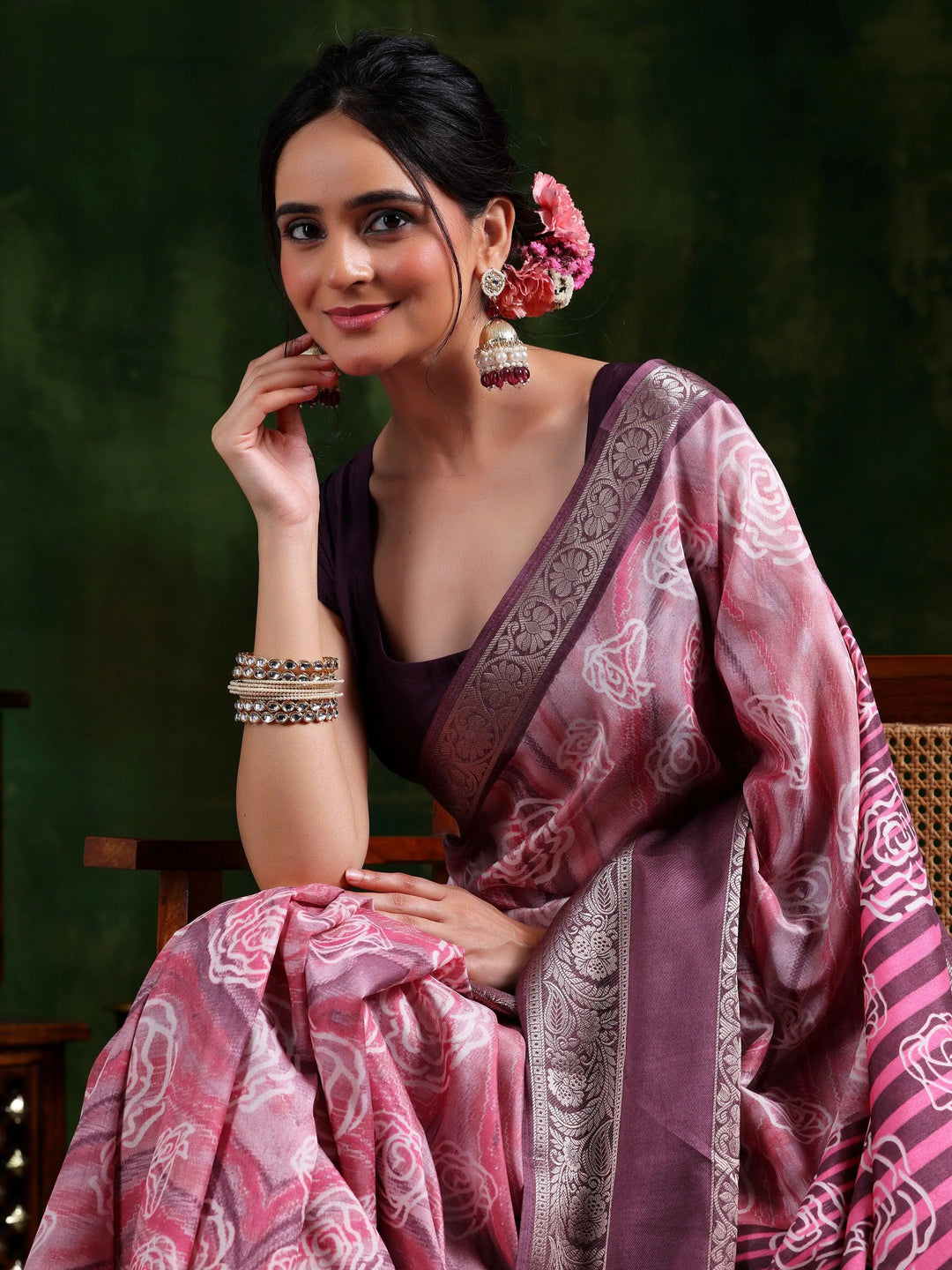 Mauve Printed Silk Blend Saree With Unstitched Blouse Piece - Libas 