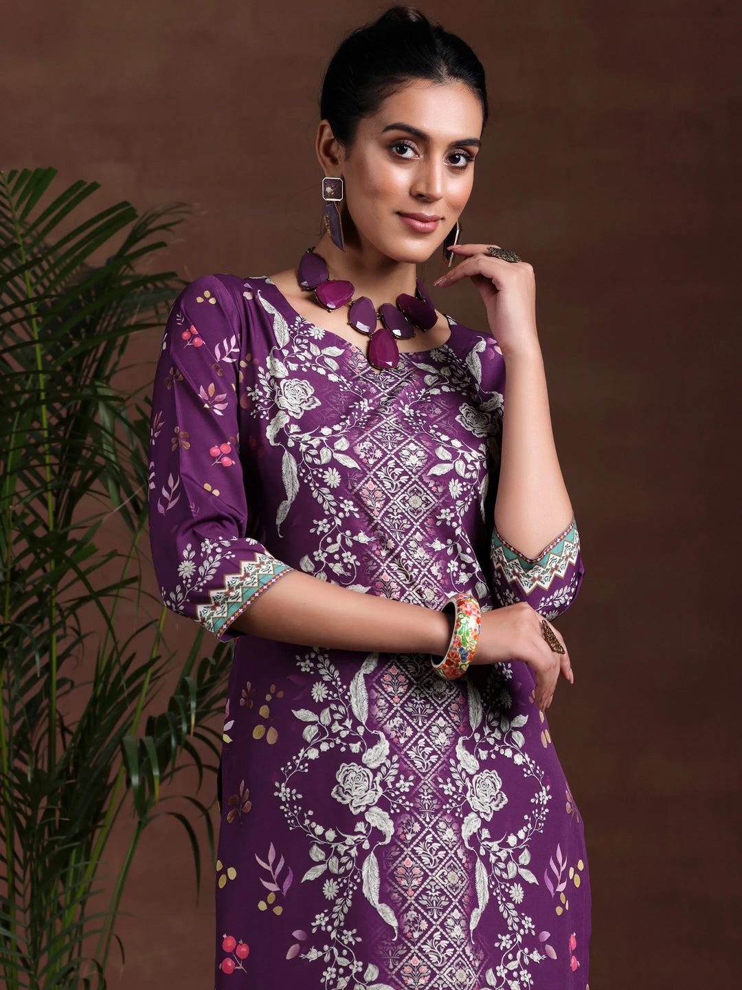  Wine Printed Poly Crepe Straight Suit With Dupatta 
