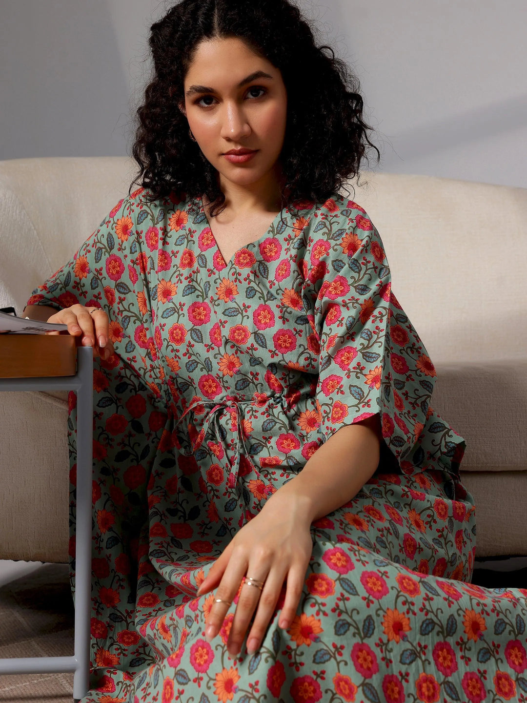 Green Printed Cotton Kaftan Night Dress - Libas