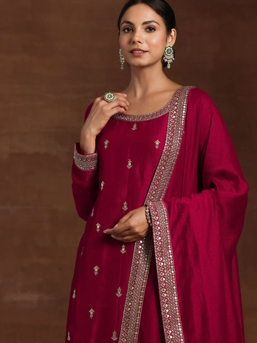 Pink Embroidered Silk Blend Straight Suit With Dupatta - Libas 