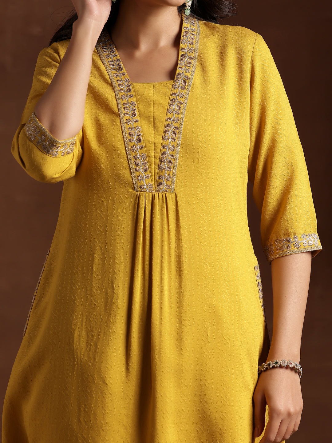  Yellow Yoke Design Silk A-Line Kurta 