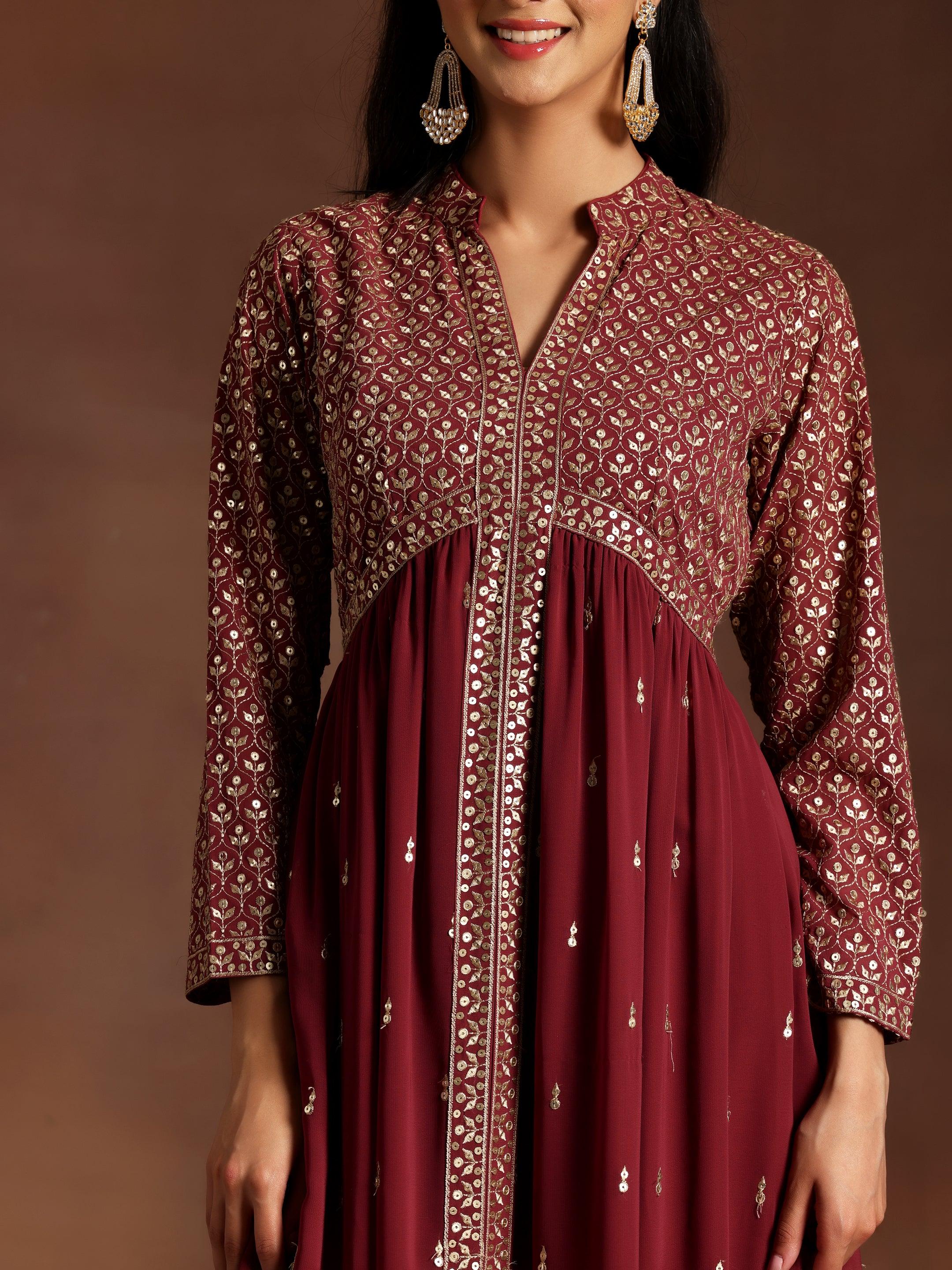 Mauve Embroidered Georgette A-Line Kurta With Trousers & Dupatta