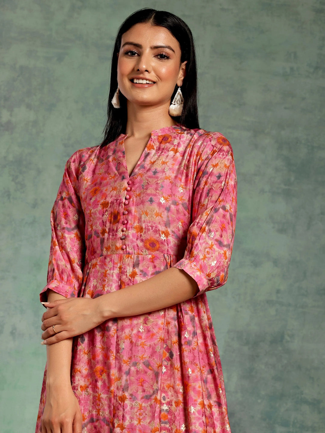 Pink Printed Silk Fit and Flare Dress - Libas 